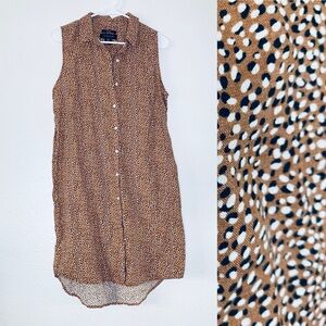 🍓 Tahari 100% Linen Boho Spotted Print Button Front Shirt Tunic Dress Medium